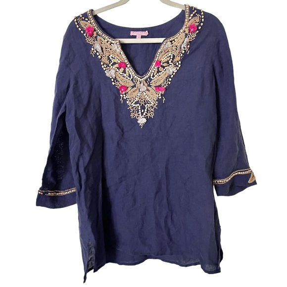 Calypso St. Barth Tops - Calypso St. Barth Navy Blue Linen Wood Beaded Embroidered Tunic Top s‎